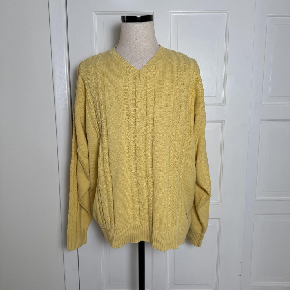 Tommy Hilfiger Golf Sweater Mens 2XL‎ Yellow Cable Knit V Neck Cotton Pullover